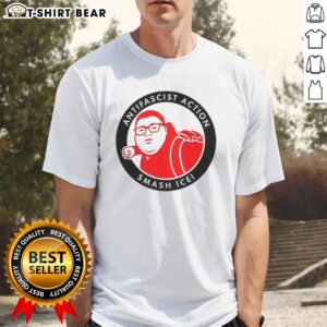 Top Antifascist Action Smash Ice T-Shirt featuring bold graphics promoting antifascism and social justice activism.