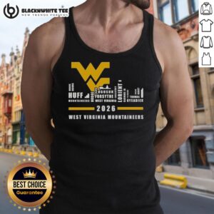 West Virginia Mountaineers tank top featuring city skyline design and all names, perfect for fans and casual wear.