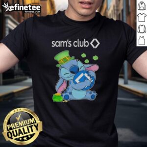 Official Stitch With St Patricks Hug Sam's Club Logo T-Shirt featuring a festive design for St. Patrick's Day celebrations.