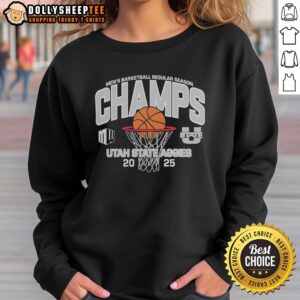 Original Utah State Aggies Men's Basketball 2025 Mountain West Champions Sweatshirt in navy blue with logo design.