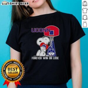 Official Peanuts Snoopy Forever Win or Lose UConn Huskies Basketball Ladies Tee featuring playful Snoopy design.