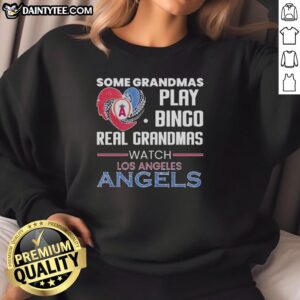 Grandmas playing bingo in Los Angeles, wearing diamond heart shape sweatshirts for the Nice Los Angeles Angels event.