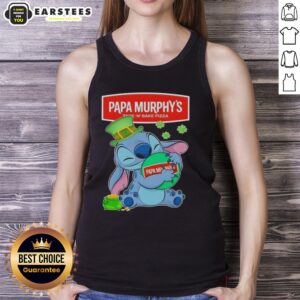 Cute Stitch hugging the Papa Murphy's logo on a Happy St. Patrick's Day tank top, perfect for festive celebrations.