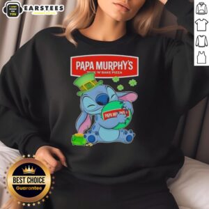 Alt Text: Cute Stitch hugs the Papa Murphy's logo on a Happy St. Patrick's Day sweatshirt design, perfect for festive celebrations.