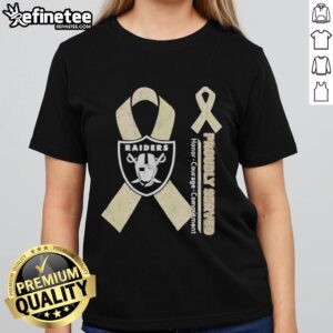 Premium Las Vegas Raiders ladies tee showcasing honor, courage, and commitment in stylish design for dedicated fans.