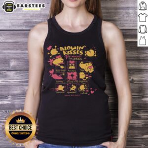Adorable model in a Love Bug tank top, showcasing 9 techniques for blowing kisses in a playful pose.