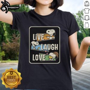 Top Snoopy Loves to Live and Laugh Ladies Tee featuring Snoopy graphic on a stylish womens t-shirt.