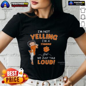 Alt Text: Clemson Tigers girls' tee shirt with 'I'm not yelling, I'm a Clemson Tigers girl, we just talk loud' design.