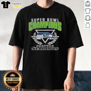 Alt Text: Official Seattle Seahawks Super Bowl XLVIII Champions logo center t-shirt featuring vibrant team colors and design.