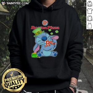 Nice Stitch Hug Boston Pizza logo on a Happy St. Patrick's Day hoodie, perfect for festive celebrations.