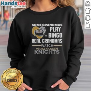 Real grandmas enjoy bingo in a cozy sweatshirt featuring the Vegas Golden Knights logo and premium quality design.