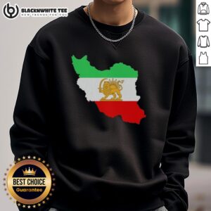 Alt Text: Good Iran map with lion and sun logo on a sweatshirt, showcasing Persian heritage in stylish apparel.