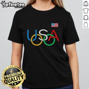 Funny USA Rings Olympic Logo Ladies Tee featuring a playful design ideal for sports fans and casual wear.