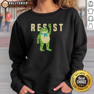 Alt Text: Colorful caricature of a frog on a sweatshirt featuring Awesome Resist Portland design for unique apparel.