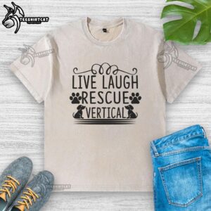 Alt Text: Vertical washed t-shirt featuring 'Live Laugh Rescue' design, perfect for dog lovers and casual wear.