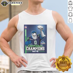 Seahawks Super Bowl Champs mascot trophy tank top featuring bold graphics and vibrant colors, perfect for fans.