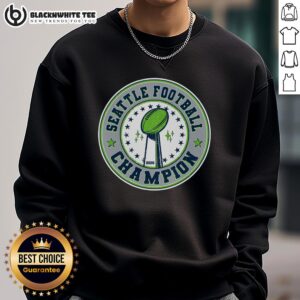 Alt Text: Nice Seattle Football Champion 2026 emblem sweatshirt featuring bold graphics and vibrant colors for fans.