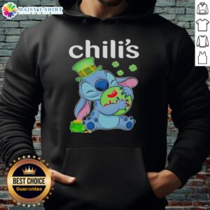 Alt Text: Cute Stitch hugging chilis on a Happy St. Patrick's Day hoodie, perfect for festive celebrations.