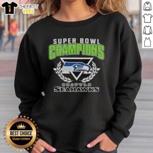 Official Seattle Seahawks Super Bowl XLVIII Champions logo center sweatshirt featuring vibrant team colors and design.