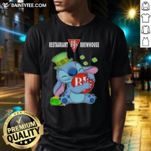 Nice Stitch Hug Restaurant Bj's Brewhouse Logo Happy Patrick's Day T-Shirt featuring festive design and vibrant colors.
