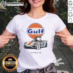 Pretty Snoopy Gulf Porsche ladies tee featuring vibrant graphics and a stylish fit for car enthusiasts and fashion lovers.