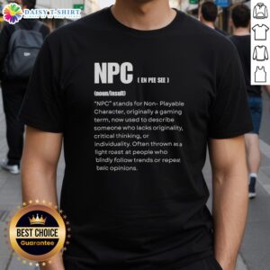 Funny 'Nice NPC' T-shirt design featuring a humorous definition of non-playable characters for gamers.