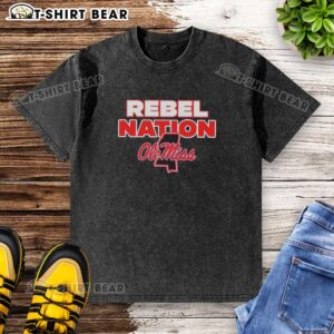Alt Text: Hot Ole Miss Rebel Nations Mississippi outline washed t-shirt in navy blue, perfect for fans and casual wear.