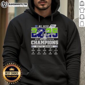 Official Seattle Seahawks NFC West Division Championship 2025 Hoodie in blue with team logo and championship details.