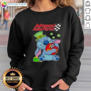 Alt Text: Cute Stitch Hug sweatshirt featuring Advance Auto Parts logo for a cheerful St. Patrick's Day celebration.