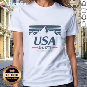 Alt Text: Hot USA Mountains 250 Years of Freedom Ladies Tee featuring a vibrant design celebrating American heritage.