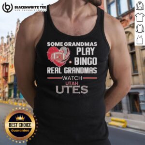 Grandmas enjoying bingo wearing Utah Utes tank tops, showcasing fun and team spirit at a lively gathering.