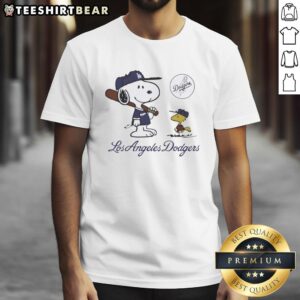 Alt Text: Pretty Snoopy and Woodstock Los Angeles Dodgers baseball T-shirt design for 2025 season featuring vibrant graphics.