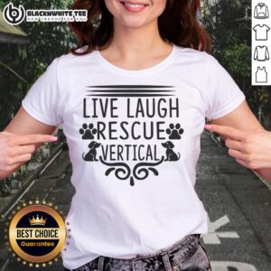 Good Live Laugh Rescue vertical rescue dog ladies tee showcasing a playful design with a dog graphic and vibrant colors.