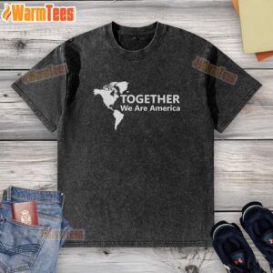 Official Together We Are America map design on a washed t-shirt, showcasing a vibrant U.S. map for patriotic fashion.