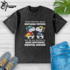 Best friends in matching washed t-shirts featuring Snoopy and a humorous take on mental health issues.