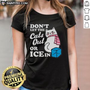 Funny Don't Let The Cats Out Or ICE In anti-ICE ladies tee shirt design featuring playful graphics and bold text.