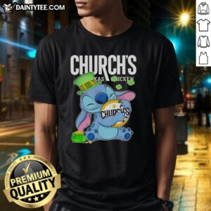 Happy Patrick's Day T-Shirt featuring Nice Stitch Hug Church's Chicken logo, perfect for festive celebrations.