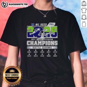 Alt Text: 2025 Official Seattle Seahawks NFC West Division Championship Ladies Tee in blue, showcasing team pride and style.