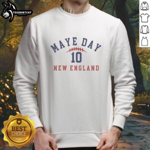 Alt Text: Cozy New England sweatshirt featuring Nice Maye Day design, perfect for casual wear and spring outings.