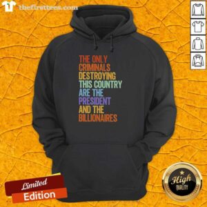 Top hoodie design featuring the phrase 'The Only Criminals Destroying This Country Are The President And The Billionaires'.