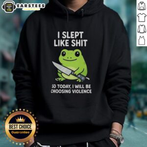 Alt Text: Funny grumpy tired frog choosing violence hoodie design with vibrant colors and humorous expression.