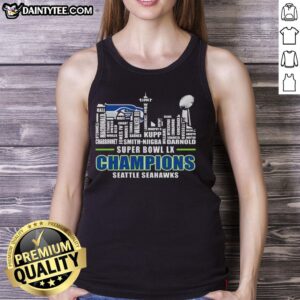 Alt Text: Seattle Seahawks Super Bowl LX Champions 2026 tank top featuring players' names and iconic city skyline shape.