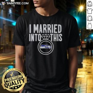 Alt Text: Premium I Married Into This Seattle Seahawks T-Shirt in navy blue, perfect for fans celebrating Seahawks pride.