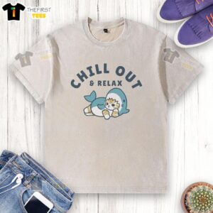 Awesome Cat Mofusand Chill Out and Relax washed t-shirt featuring a playful cat design on soft fabric.