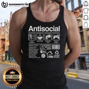 Model wearing 'Original Antisocial Energy Management' tank top, embodying solitary activities and a comfortable, alone vibe.