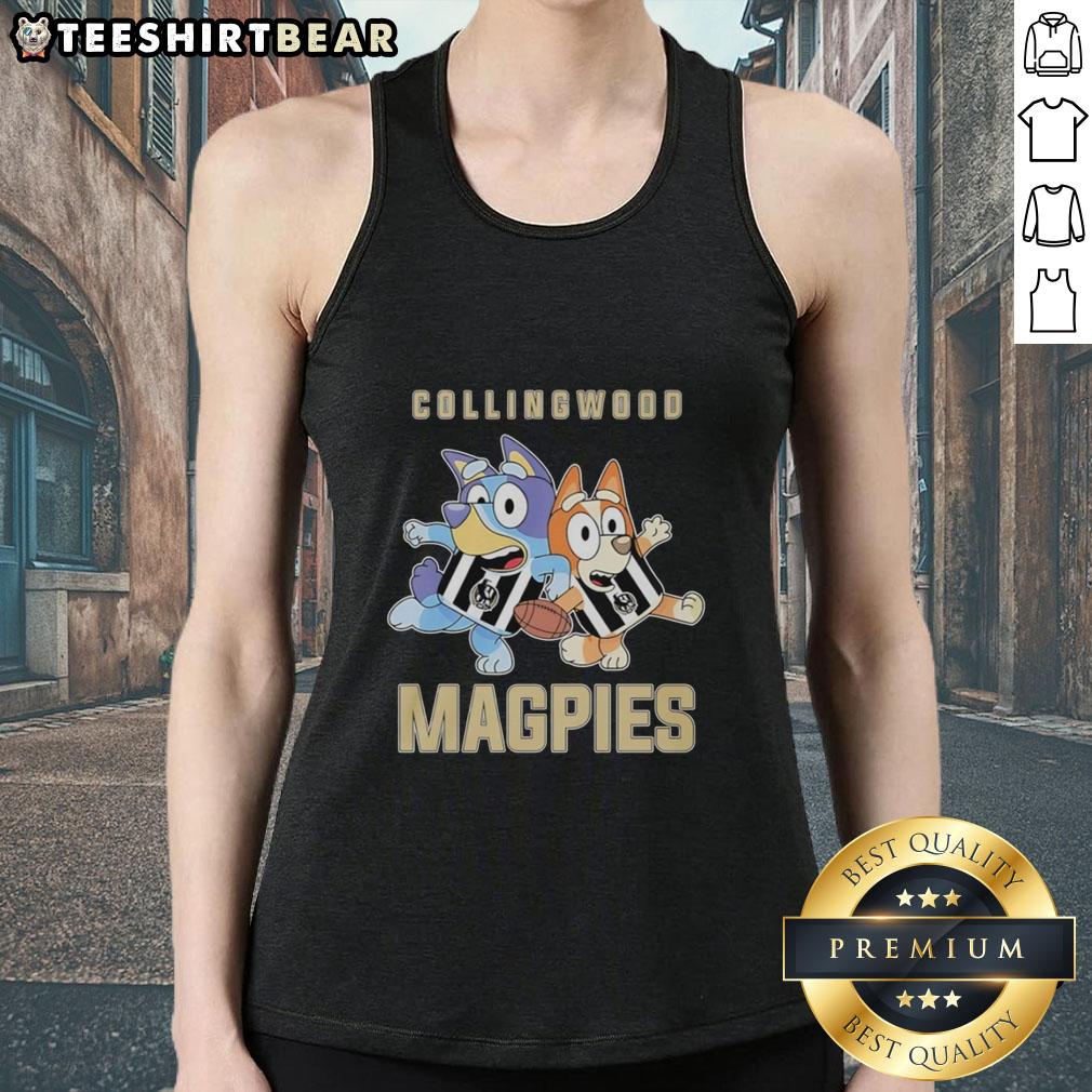 awesome-bluey-and-bingo-with-collingwood-magpies-outfit-tank-top Bluey and Bingo wearing Collingwood Magpies outfit tank top, perfect for fans of the beloved animated series.