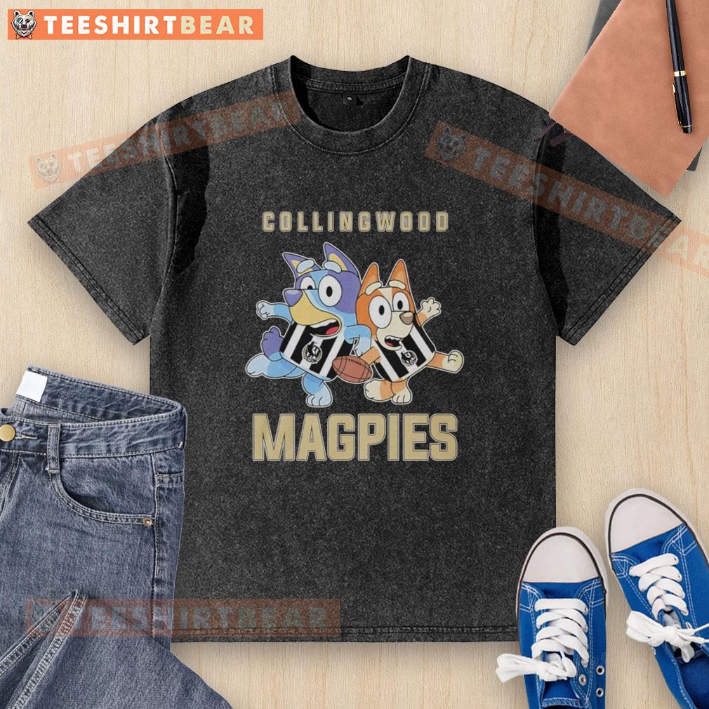 awesome-bluey-and-bingo-with-collingwood-magpies-outfit-washed-t-shirt Alt Text: Bluey and Bingo wearing Collingwood Magpies outfits on a washed t-shirt, perfect for fans of the series.