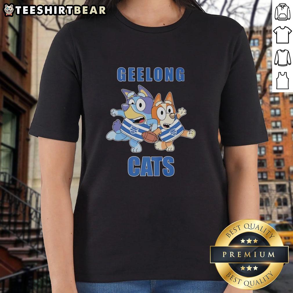 awesome-bluey-and-bingo-with-geelong-cats-outfit-ladies-tee Alt Text: Awesome Bluey and Bingo in Geelong Cats outfit on a ladies tee, perfect for fans and casual wear.