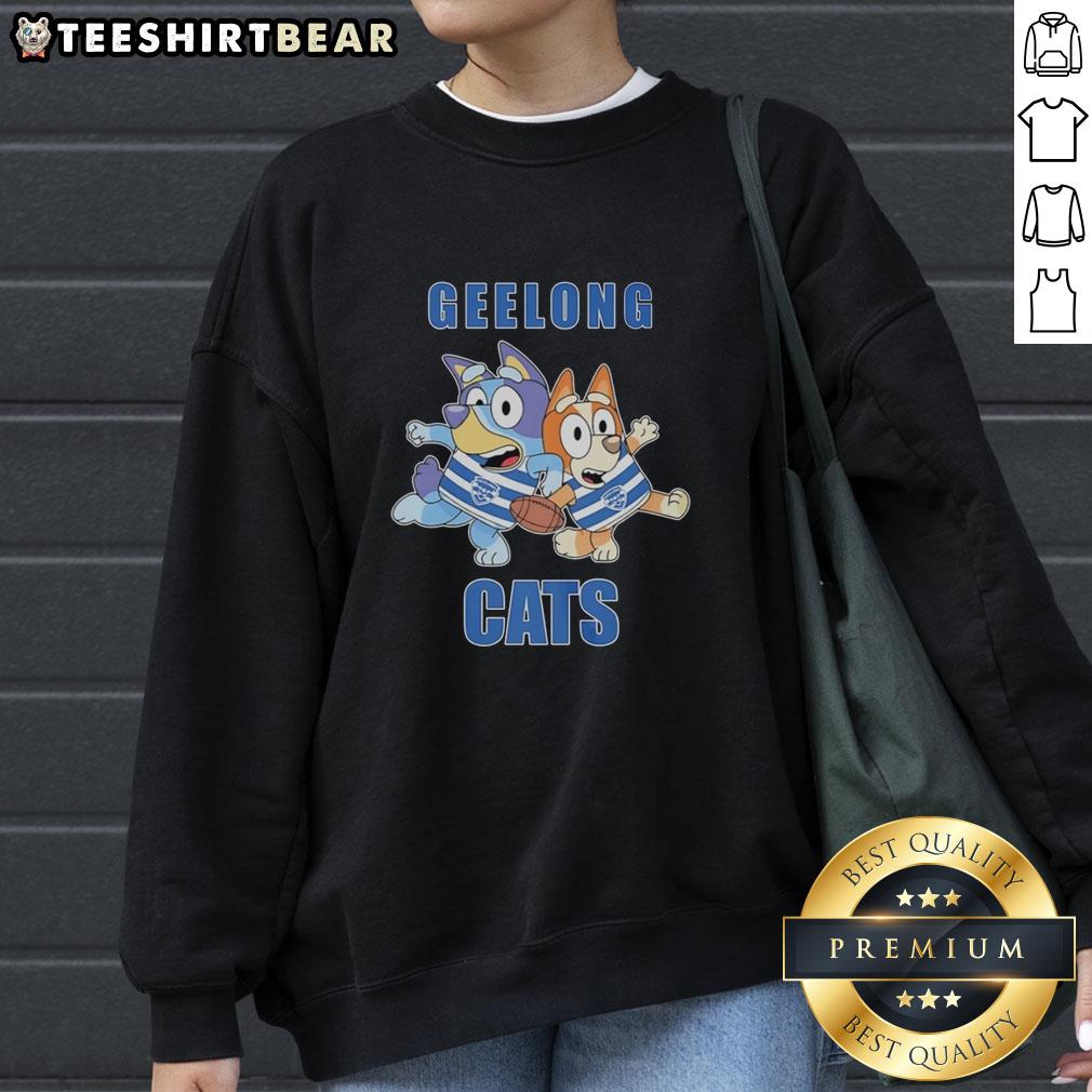 awesome-bluey-and-bingo-with-geelong-cats-outfit-sweatshirt Bluey and Bingo wearing Geelong Cats outfit sweatshirt, showcasing adorable cartoon characters in vibrant colors.
