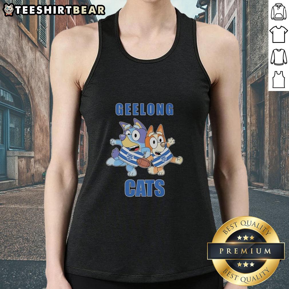 awesome-bluey-and-bingo-with-geelong-cats-outfit-tank-top Alt Text: Awesome Bluey and Bingo wearing Geelong Cats outfit tank top, perfect for fans of the animated series and sports.